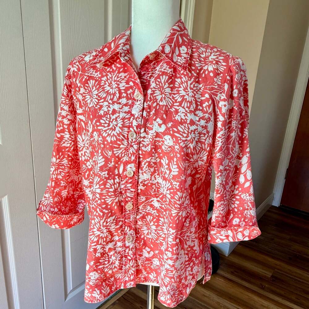 Liz Claiborne Women's Coral Pink White Floral Button Front Blouse M